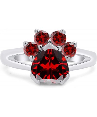 Heart & Round Cut Simulated Birthstone Paw Print Ring Jewelry For Women In 14k White Gold Over Sterling Silver Simulated Red ...