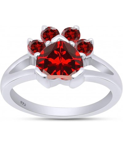 Heart & Round Cut Simulated Birthstone Paw Print Ring Jewelry For Women In 14k White Gold Over Sterling Silver Simulated Red ...