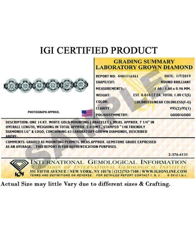 IGI/EGL Certified Lab Grown Diamond Tennis Bracelet | 1 Carat - 10 carat In 14K White, Yellow & Rose Gold 7 Inches Diamond Br...