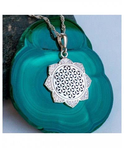 Mandala Flower of Life Necklace for Women - 925 Sterling Silver - Sunflower Pendant with Chain 20" Crystal CZ - Sacred Geomet...