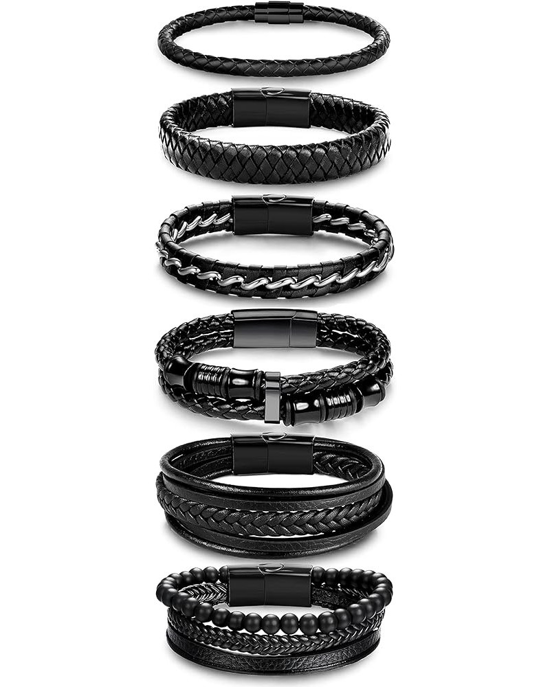 6Pcs Black Leather Bracelets for Men Women Braided Leather Mens Bracelet Wristband Cuff Bracelets Set 7.5 inch $10.39 Bracelets