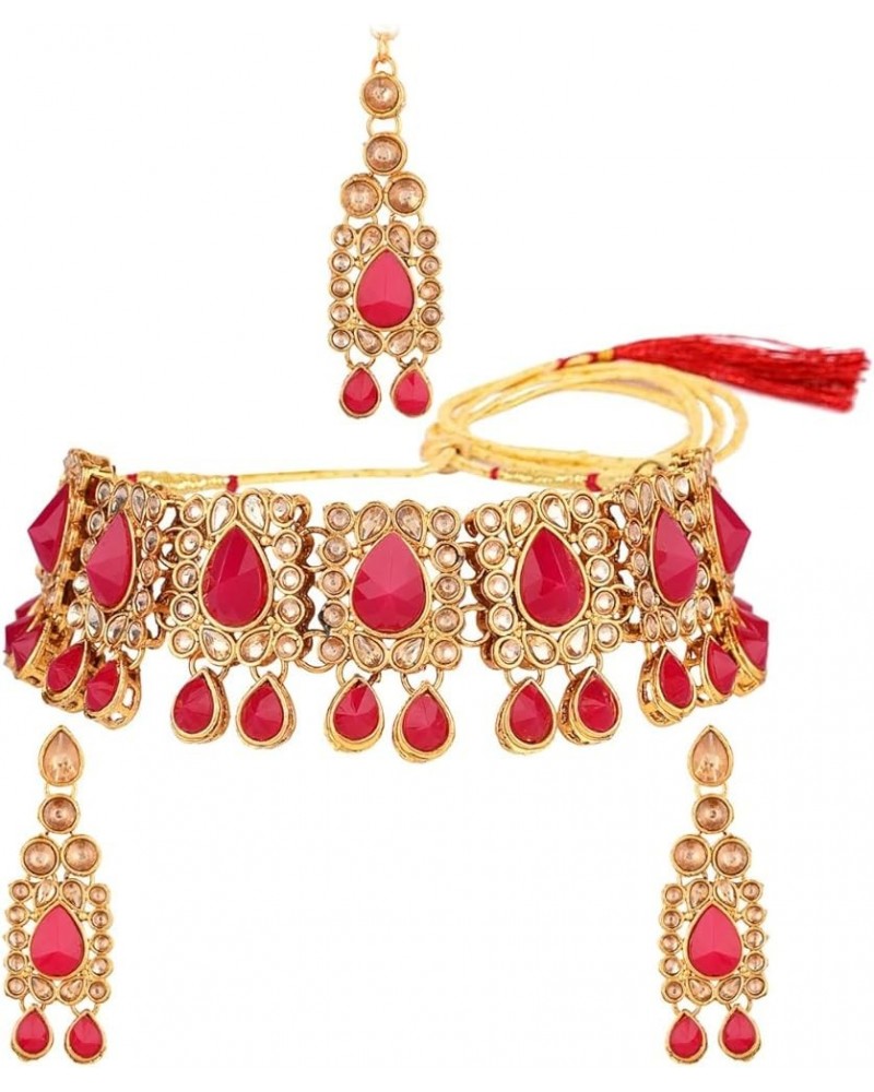 Indian Kundan Crystal Pearl Bollywood Traditional Wedding Choker Necklace Earrings Maang Tikka Jewelry set Red $14.57 Jewelry...