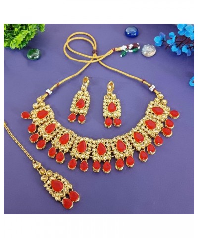 Indian Kundan Crystal Pearl Bollywood Traditional Wedding Choker Necklace Earrings Maang Tikka Jewelry set Red $14.57 Jewelry...