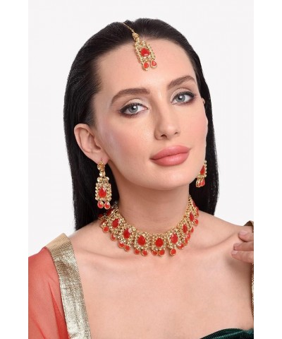 Indian Kundan Crystal Pearl Bollywood Traditional Wedding Choker Necklace Earrings Maang Tikka Jewelry set Red $14.57 Jewelry...