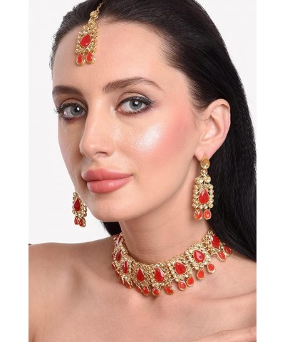 Indian Kundan Crystal Pearl Bollywood Traditional Wedding Choker Necklace Earrings Maang Tikka Jewelry set Red $14.57 Jewelry...