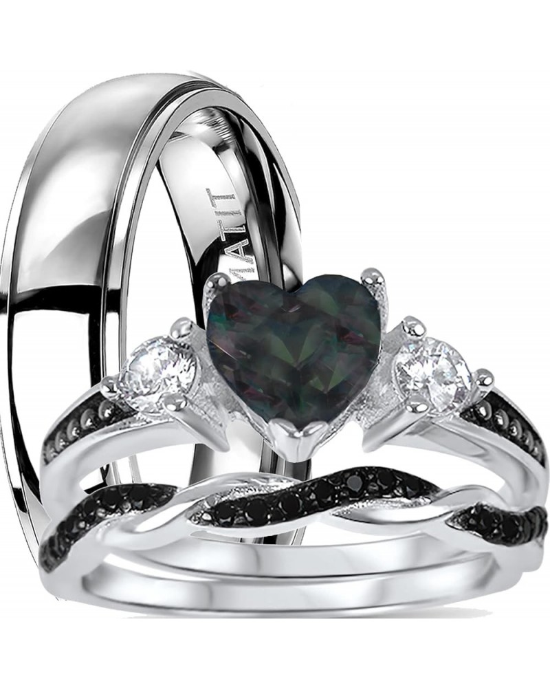 His Hers Wedding Ring Set TRIO 3 PCS Simulated Black Topaz Bridal Set Silver Black Titanium Him Her Her 7 - His 12 $49.39 Sets