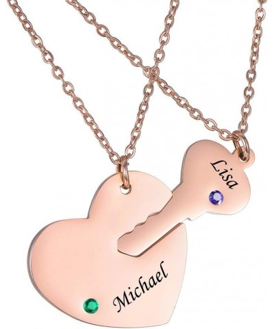 Stainless Steel Personalized Key Heart Puzzle Necklace Set with Birthstones - Custom Made with Any Name Rose Gold $12.09 Neck...