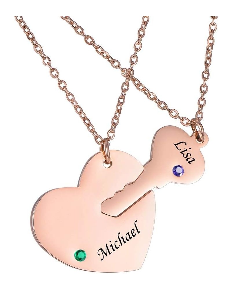 Stainless Steel Personalized Key Heart Puzzle Necklace Set with Birthstones - Custom Made with Any Name Rose Gold $12.09 Neck...