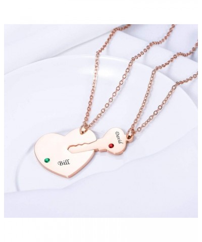 Stainless Steel Personalized Key Heart Puzzle Necklace Set with Birthstones - Custom Made with Any Name Rose Gold $12.09 Neck...