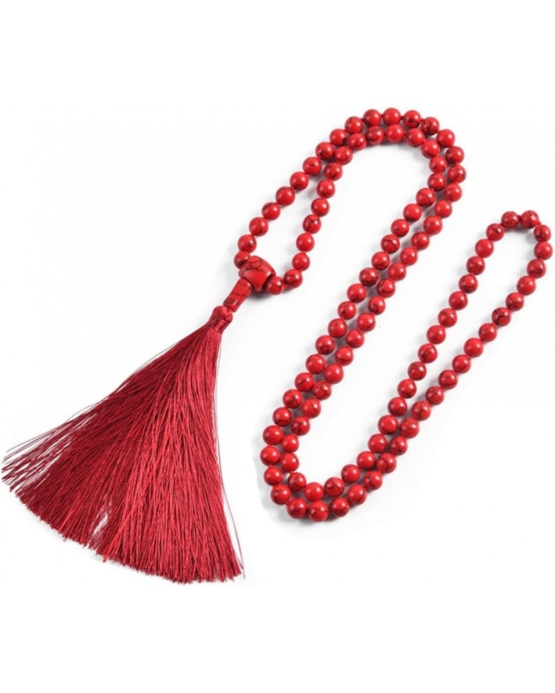 108 Mala Beads Necklace 8mm Tibetan Prayer Beads Yoga Meditation Beads Necklace with Long Tassel Red Turquoise $11.19 Necklaces