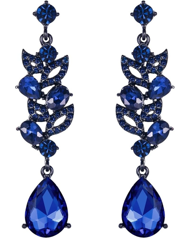 Wedding Marquise Crystal Dangle Earrings for Bridal, Cluster Leaf Art Deco Chandelier Pierced Earrings for Women Sapphire Blu...