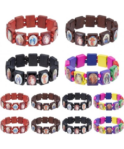 12Pcs 4 Colors Wooden Pattern Tile Bracelets 4.9CM Ethnic Saints Bracelets Set Stretch Small Panel Bracelets Goddess Prayer M...