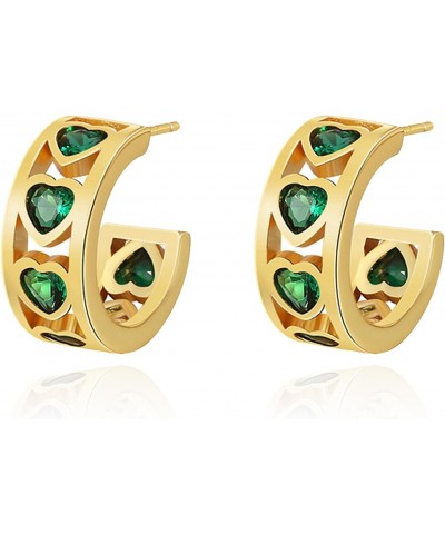 Green Heart Hoop Earrings for Women - Chunky Gold Open Hoop Earrings Green Love Heart Half Earring Emerald Gem Jewelry St. Pa...