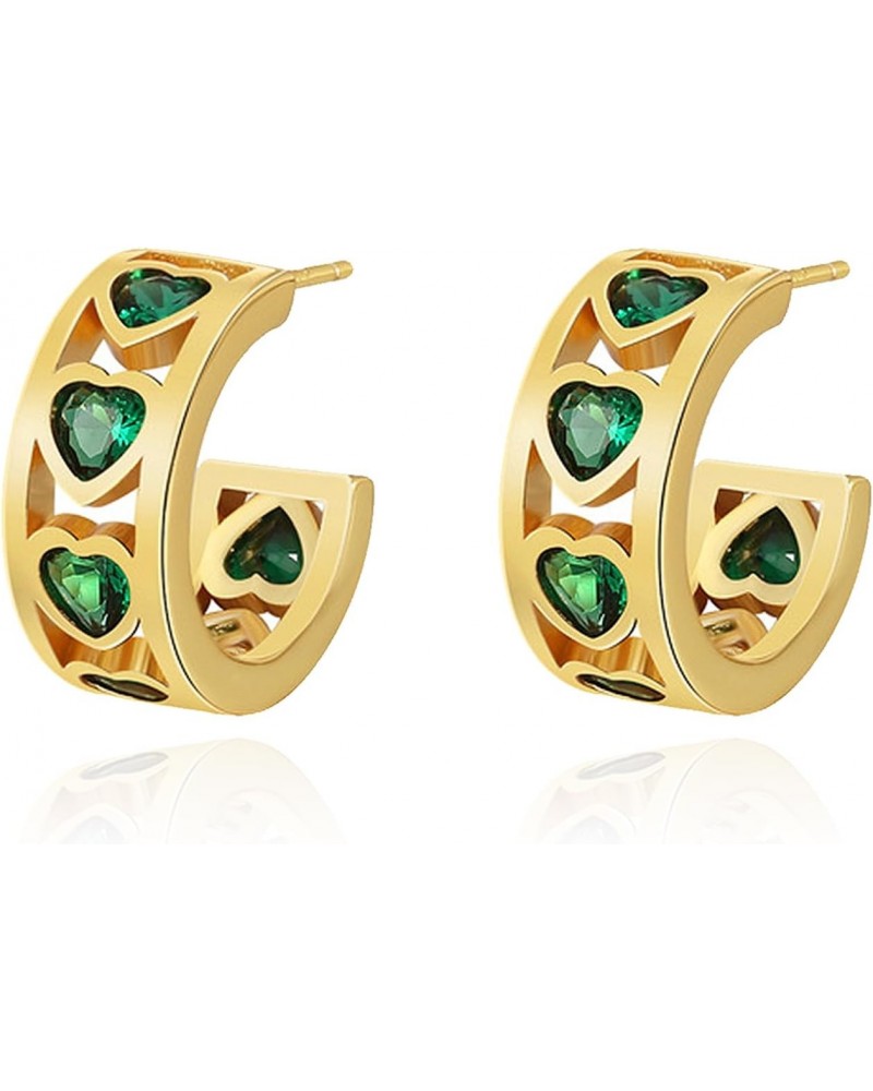 Green Heart Hoop Earrings for Women - Chunky Gold Open Hoop Earrings Green Love Heart Half Earring Emerald Gem Jewelry St. Pa...