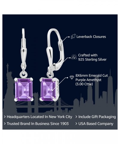 925 Sterling Silver Purple Amethyst Dangle Earrings For Women (3.00 Cttw, Gemstone February Birthstone, Emerald Cut 8X6MM) $3...