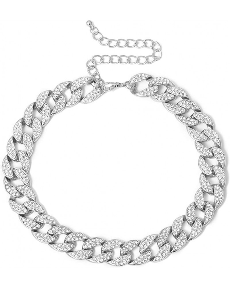 Shiny CZ Rhinestone Curb Cuban Link Chain Choker for Women Unisex Cool Hip Hop Miami Cuban Diamond-Cut Chain Choker Necklace ...