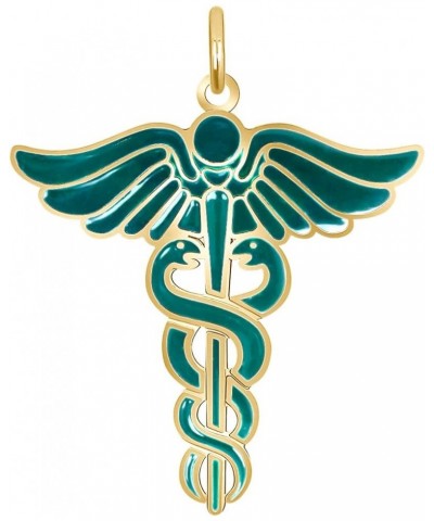 Caduceus Necklace in Solid 14k Gold, Gold Necklace for Doctor Nurse, Made in America Pendant Only Green Enamel Yellow Gold $1...