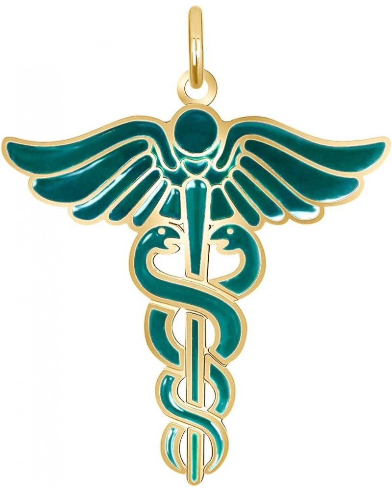 Caduceus Necklace in Solid 14k Gold, Gold Necklace for Doctor Nurse, Made in America Pendant Only Green Enamel Yellow Gold $1...