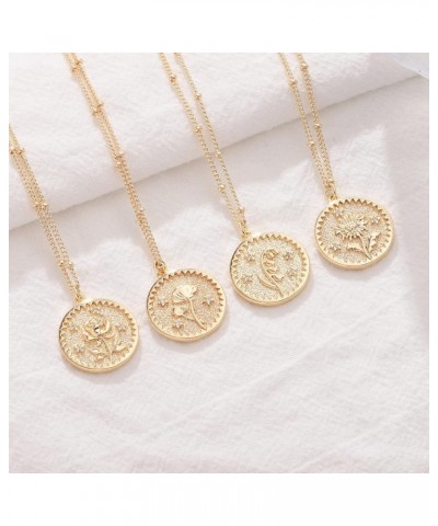 Layered Birth Flower Coin Necklace for Women 18K Gold Plated Double Layered Engraved Custom Floral Pendant Necklaces Dainty B...