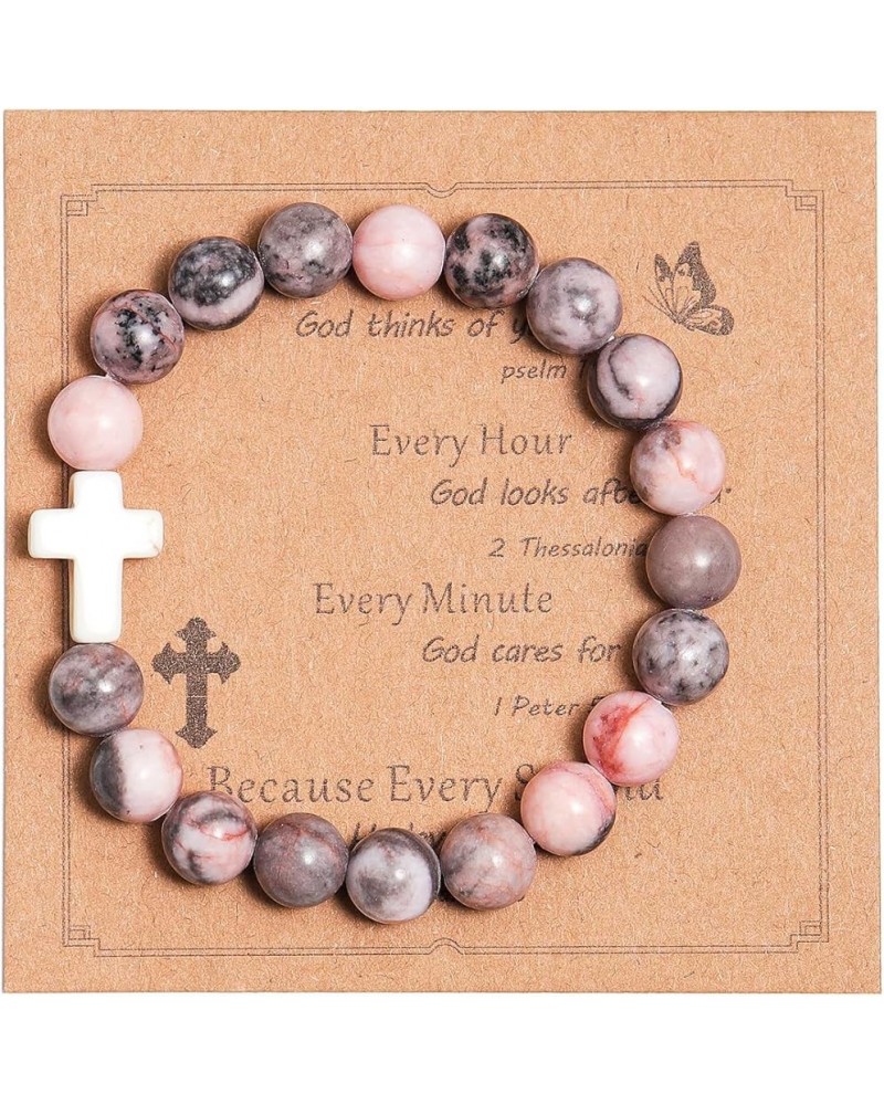 Christian Religious Cross Natural Healing Stone Beads Handmade Inspirational Adjustable Bracelet with Meaningful Card Catholi...