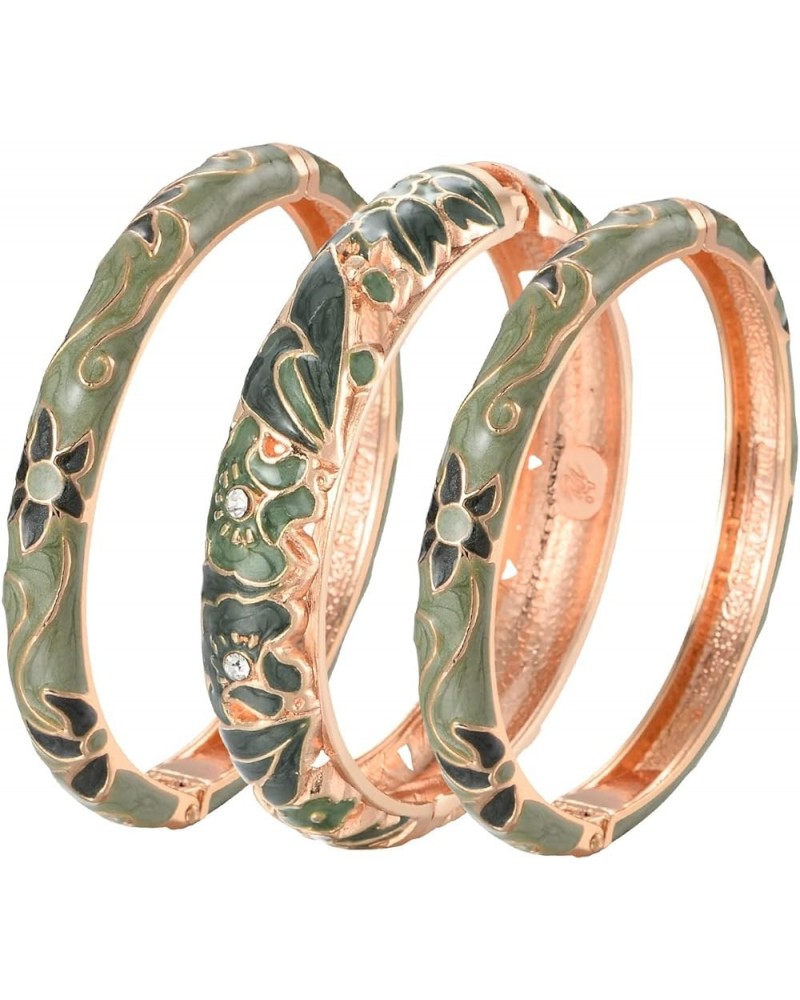 Womens Multi-colors Cloisonne Bracelet Gold Plated Flower Hollowed Enameled Hinged Cuff Bangles Jewelry Gift 88A10 Green-3 Pc...