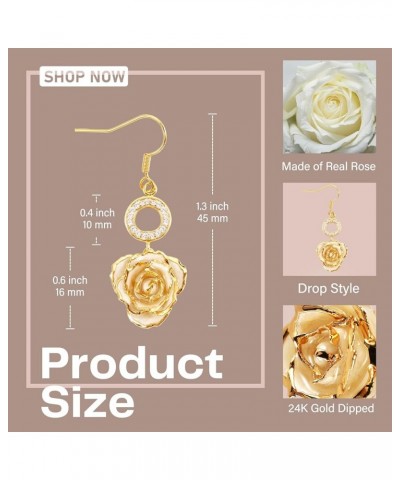 24K Gold Dipped Real Rose Earrings - Dangle Drop Earrings Best Gift for Women Wife Mom Anniversary Mother's Day Birthday Vale...