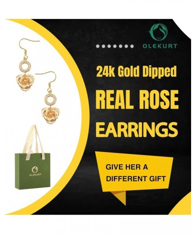 24K Gold Dipped Real Rose Earrings - Dangle Drop Earrings Best Gift for Women Wife Mom Anniversary Mother's Day Birthday Vale...