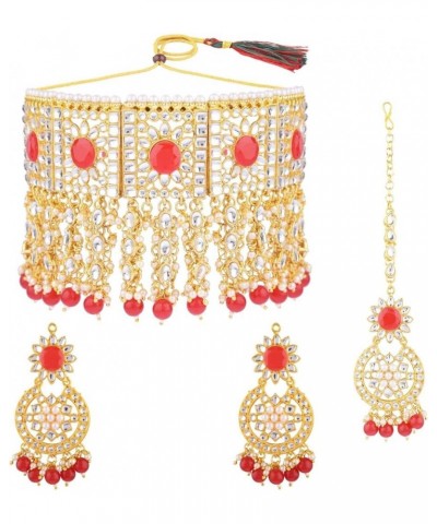 Indian Jewelry Choker Necklace Maang Tikka Earrings Bollywood Wedding Crystal Kundan Necklace Earrings Head Chain Set Red $15...