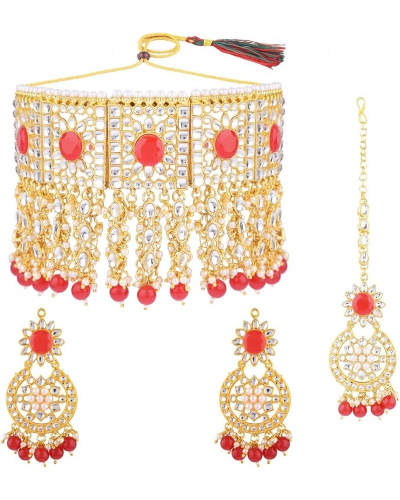 Indian Jewelry Choker Necklace Maang Tikka Earrings Bollywood Wedding Crystal Kundan Necklace Earrings Head Chain Set Red $15...