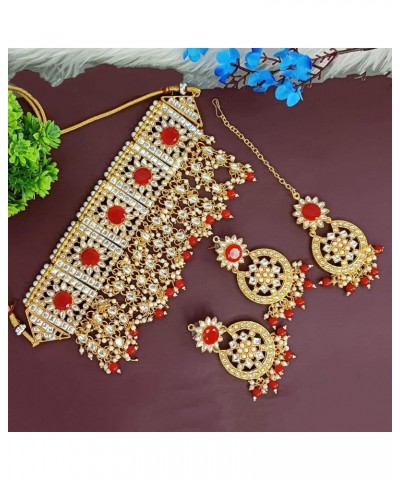 Indian Jewelry Choker Necklace Maang Tikka Earrings Bollywood Wedding Crystal Kundan Necklace Earrings Head Chain Set Red $15...