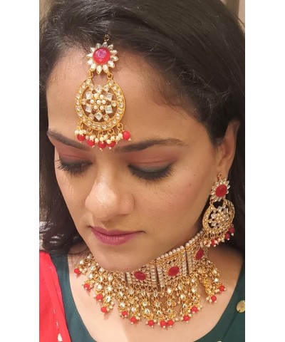 Indian Jewelry Choker Necklace Maang Tikka Earrings Bollywood Wedding Crystal Kundan Necklace Earrings Head Chain Set Red $15...