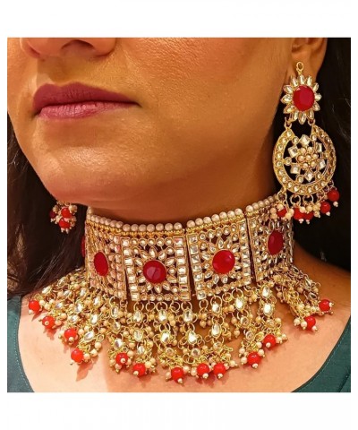 Indian Jewelry Choker Necklace Maang Tikka Earrings Bollywood Wedding Crystal Kundan Necklace Earrings Head Chain Set Red $15...