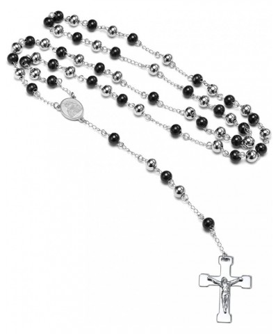 Unisex Black Stainless Steel Long Rosary Bead Chain Jesus Cross Catholic Crucifix Cross Necklace,36 L.8mm Bead-virgin mary-Tw...