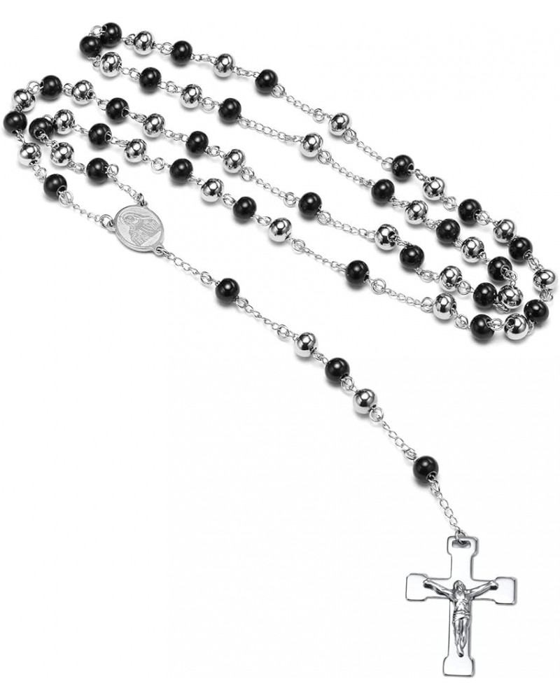 Unisex Black Stainless Steel Long Rosary Bead Chain Jesus Cross Catholic Crucifix Cross Necklace,36 L.8mm Bead-virgin mary-Tw...