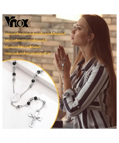 Unisex Black Stainless Steel Long Rosary Bead Chain Jesus Cross Catholic Crucifix Cross Necklace,36 L.8mm Bead-virgin mary-Tw...