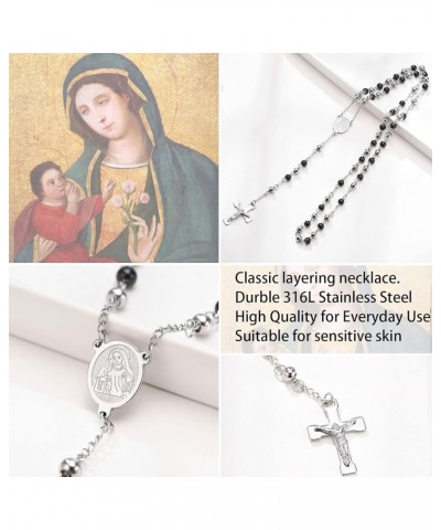 Unisex Black Stainless Steel Long Rosary Bead Chain Jesus Cross Catholic Crucifix Cross Necklace,36 L.8mm Bead-virgin mary-Tw...