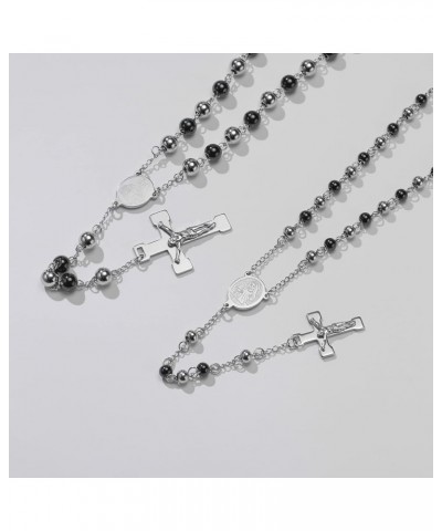 Unisex Black Stainless Steel Long Rosary Bead Chain Jesus Cross Catholic Crucifix Cross Necklace,36 L.8mm Bead-virgin mary-Tw...