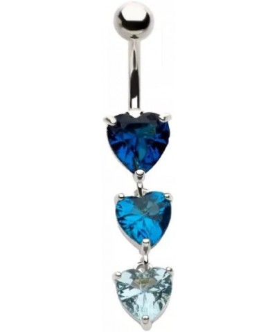 14GA 316L Stainless Steel Triple Blue CZ Crystal Hearts Dangling Belly Button Ring Silver Tone $8.44 Body Jewelry