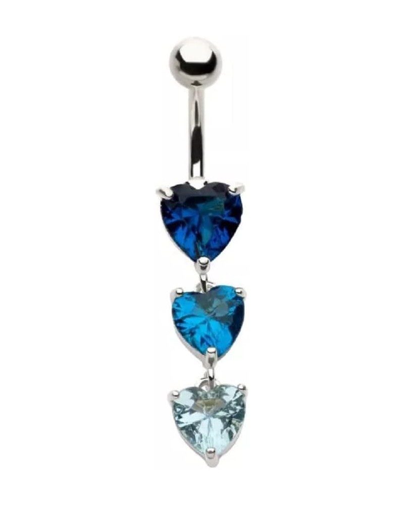 14GA 316L Stainless Steel Triple Blue CZ Crystal Hearts Dangling Belly Button Ring Silver Tone $8.44 Body Jewelry