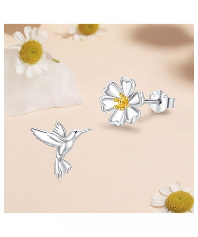 925 Sterling Silver Hummingbird Daisy/Sunflower Bee/Sun Moon/Moon Star Asymmetrical Stud Earrings Hypoallergenic Creative Mis...