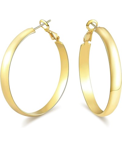 Large Hoops Earrings for Women, Big Hoop Earrings 14K Real Gold Plated Flat Gold Hoop Earrings for Women Girls Lightweight Go...